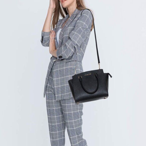 MICHAEL Michael Kors Handbags - Michael Michael Kors Women's Black Leather Medium Selma Saffiano Satchel Bag